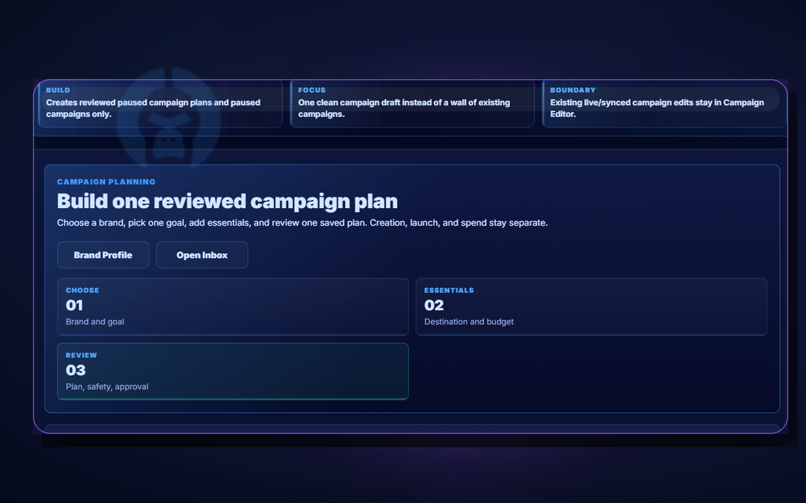 OobiMax Campaign Builder product surface showing one reviewable campaign plan with launch still gated
