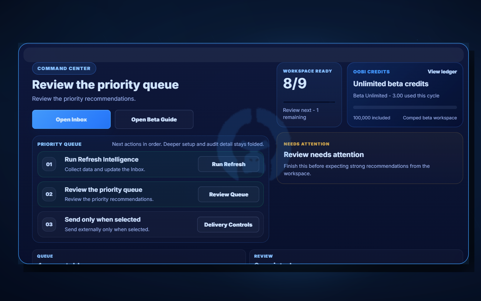 OobiMax decision system product surface showing the priority queue and supporting evidence views